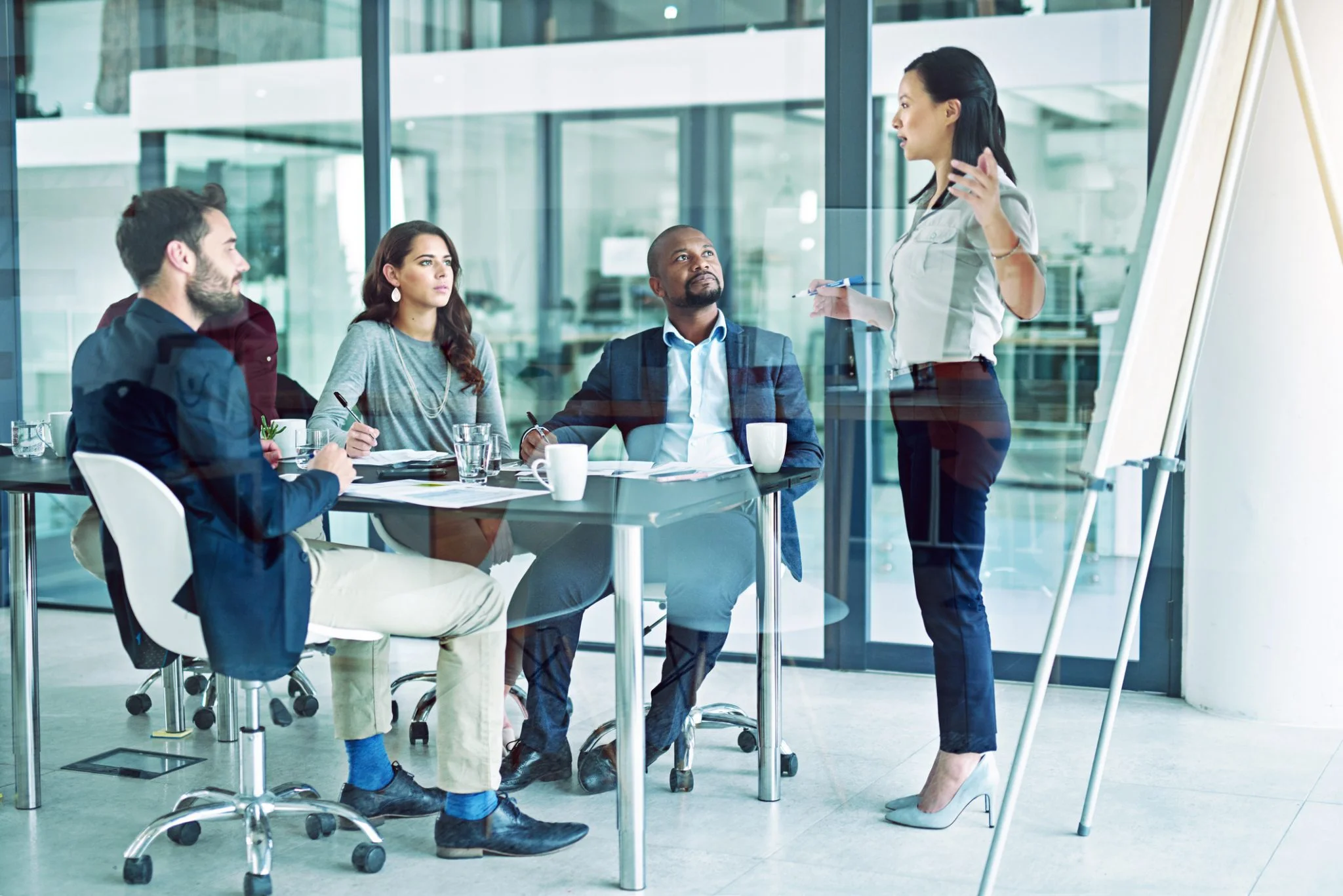 Female professional addressing colleagues.